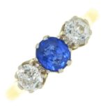 A sapphire and diamond three stone ring, with old cut diamonds, gold hoop marked 18ct PLAT, 3.9g,