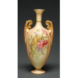A Royal Worcester vase, 1910, decorated with flowers heightened in gilt on a shaded apricot