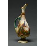 A Royal Worcester Hadley ware ewer, 1905, printed and painted with peafowl between coloured clay