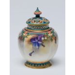 A Royal Worcester Hadley Ware pot pourri vase and cover, 1905, painted with flowers between