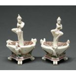 Two early Royal Worcester pixie-on-a-toadstool salt cellars, 1863, supported by three demi figures,