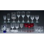 A set of three Victorian etched cranberry glass wines and miscellaneous other drinking glass and a