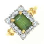 A green tourmaline and diamond rectangular cluster ring, in 18ct gold, Birmingham 2001, 6.4g, size N