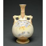 A Royal Worcester vase, 1894, of sack shape with grotesque mask handle, decorated in lavender blue