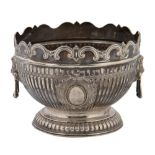 A Victorian silver rose bowl, the reeded bowl with vacant cartouche to either side and applied