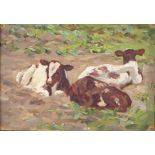 Winifred Wilson (1882-1973) - Three Calves at Rest, oil on board, 18.5 x 27cm ConditionGood
