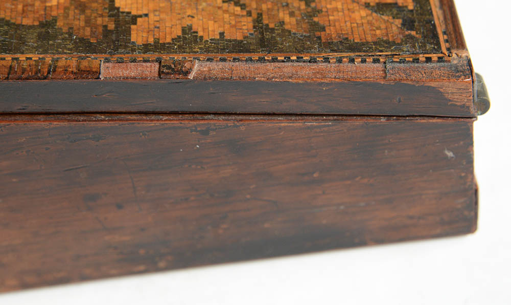A Victorian Tunbridge ware slope front writing box, decorated with a view of Eridge Castle in - Image 9 of 14