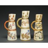 Three Royal Worcester claret jugs, 1886, 1888 and 1895, moulded in relief and decorated with