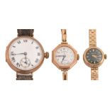 A 9ct gold wristlet watch, 32mm diam, Birmingham 1919 and two 9ct gold lady's wristwatches, one on