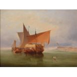 English School, early 19th c - Hay Barge and other Vessels on a Calm Morning off the Coast, oil on