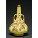 A Royal Worcester yellow ground lobed vase, 1883, with naturalistic raised gilt decoration of