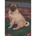 20th c School - Pug on a Green Cushion, signed Caitu, oil on board, 20 x 14.5cm ConditionWould