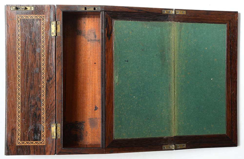 A Victorian Tunbridge ware slope front writing box, decorated with a view of Eridge Castle in - Image 10 of 14