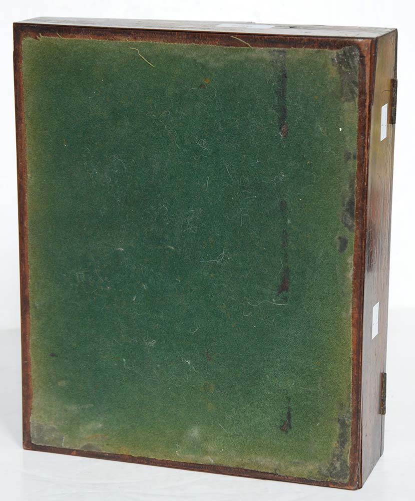 A Victorian Tunbridge ware slope front writing box, decorated with a view of Eridge Castle in - Image 14 of 14