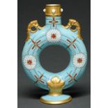 A Royal Worcester aesthetic ring vase, 1874, enamelled with white and red kiku mon on a blue