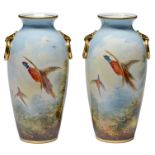 A pair of Minton bone china vases, c1951-1961, with gilt ring shoulder handles, painted by A