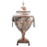 A Sheffield Plate tea urn, c1800, of shield shape with ventilated cover and reeded rims, lion