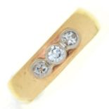 A three stone diamond ring, in 9ct gold, date letter obscured, 4g, size M ConditionGood condition,