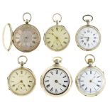 Six English and Swiss silver verge, lever and cylinder watches, 19th c, one pair cased, various