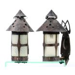 A pair of arts and crafts early electric oxidised copper wall lights, probably Birmingham School,