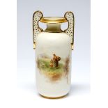 A Grainger's Worcester vase, 1891, of shouldered cylindrical form with reticulated handles, painted