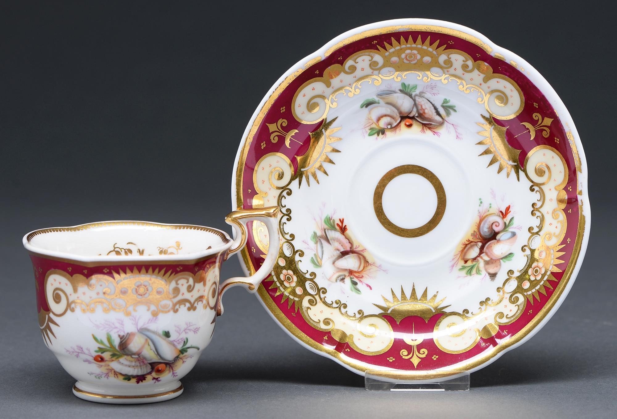 A Spode coffee cup and saucer, c1830, of Persian shaped, finely painted with seashells beneath