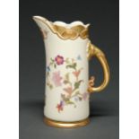 A Royal Worcester jug, 1891 of tusk form decorated with flowers and curling stems on an ivory ground