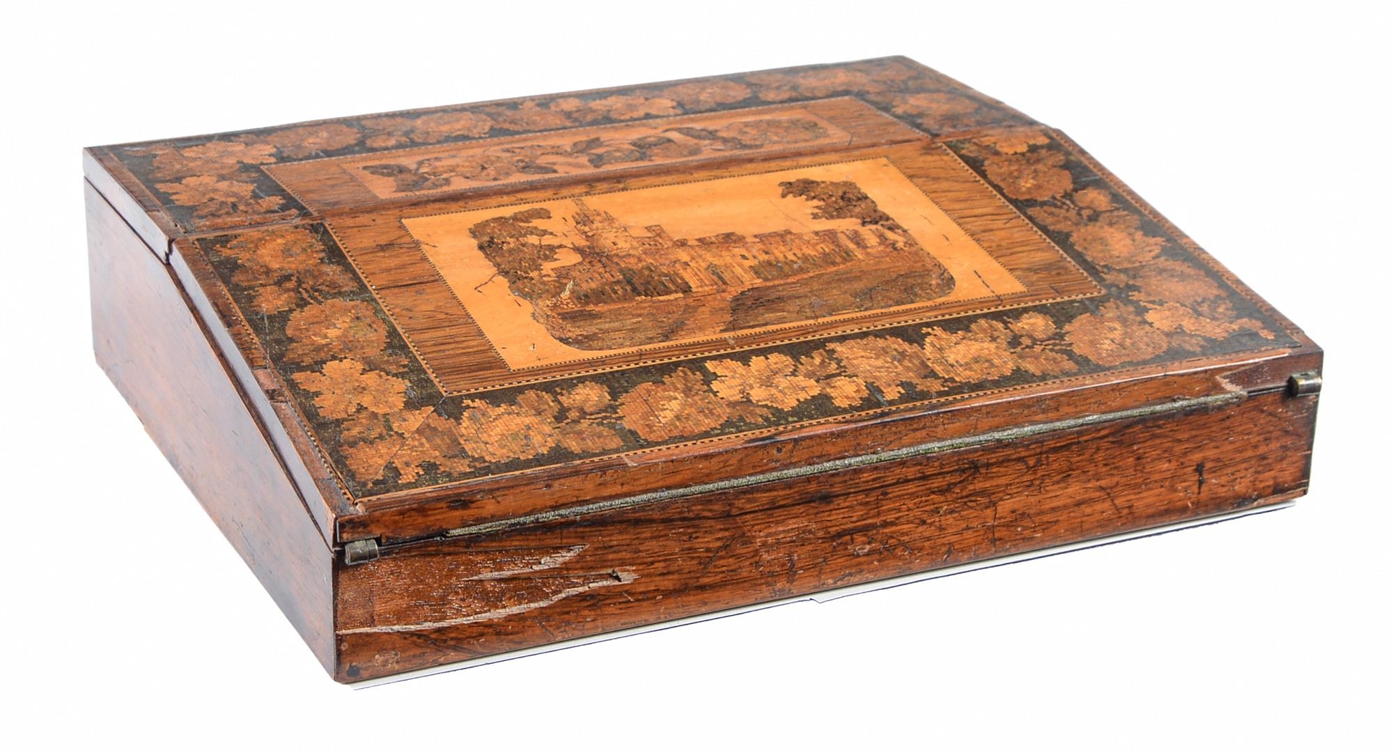 A Victorian Tunbridge ware slope front writing box, decorated with a view of Eridge Castle in