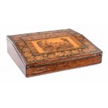 A Victorian Tunbridge ware slope front writing box, decorated with a view of Eridge Castle in