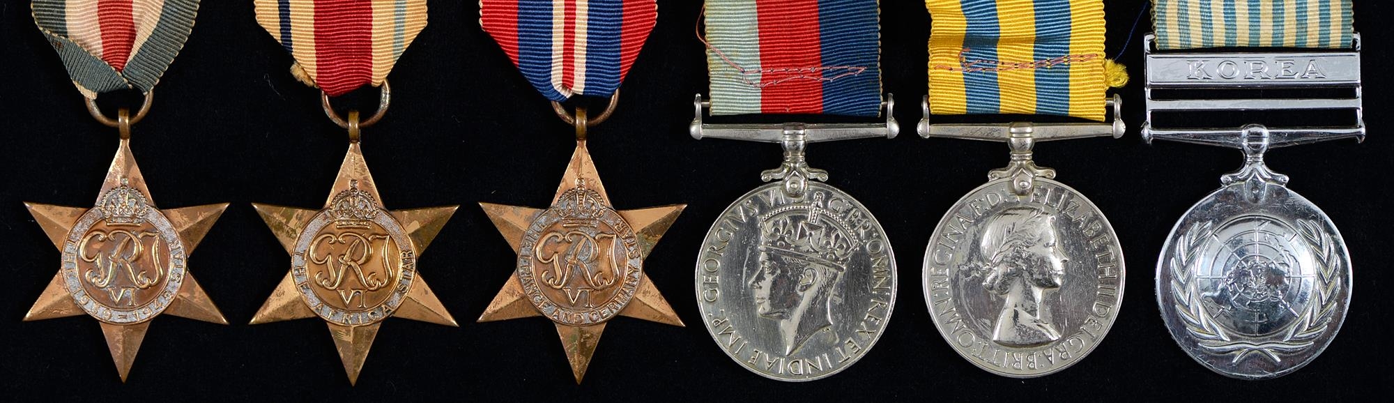 1939-1945 Star, Africa Star, France and Germany Star, War Medal, Korea Medal and UN Korea Medal (