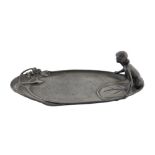 A WMF Jugendstil pewter figural tray, c1910, in the form of a young woman and snake at a lily