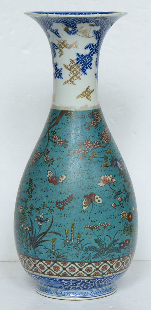 A Japanese cloisonne decorated porcelain blue and white vase, Meiji period, baluster shape, 45.5cm - Image 5 of 13