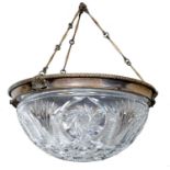 A brilliant cut glass hemispherical hanging lamp bowl, early 20th c, mounted in a silvered brass