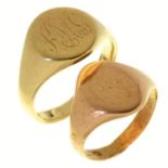 A 9ct gold signet ring, Birmingham 1960 and another, 11.3g, size O½ and smaller ConditionLarger