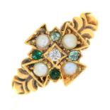 A Victorian diamond, emerald and split pearl Maltese Cross design ring, in 15ct gold, London 1873,