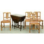 A set of four oak dining chairs, c1940, seat height 44cm and an oak gateleg table (5) ConditionTable