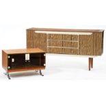 A brown and cream laminate and wood sideboard, c1960 and a teak cabinet with smoke glass doors, on