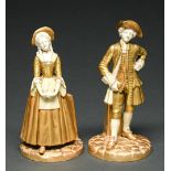A pair of Royal Worcester gilt parian figures of an 18th century lady and gentleman, possibly