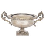 A Swiss silver sugar bowl, early 19th c, of vase shape with leafy scrolling handles, on square foot,