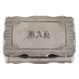A Victorian silver snuff box, engine turned, the large cartouche to the lid engraved MAH, chased