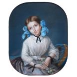 French or possibly Swiss School, mid 19th c - Portrait of a Young Woman, seated half length, in a