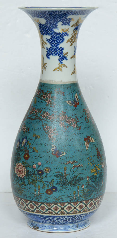 A Japanese cloisonne decorated porcelain blue and white vase, Meiji period, baluster shape, 45.5cm - Image 3 of 13