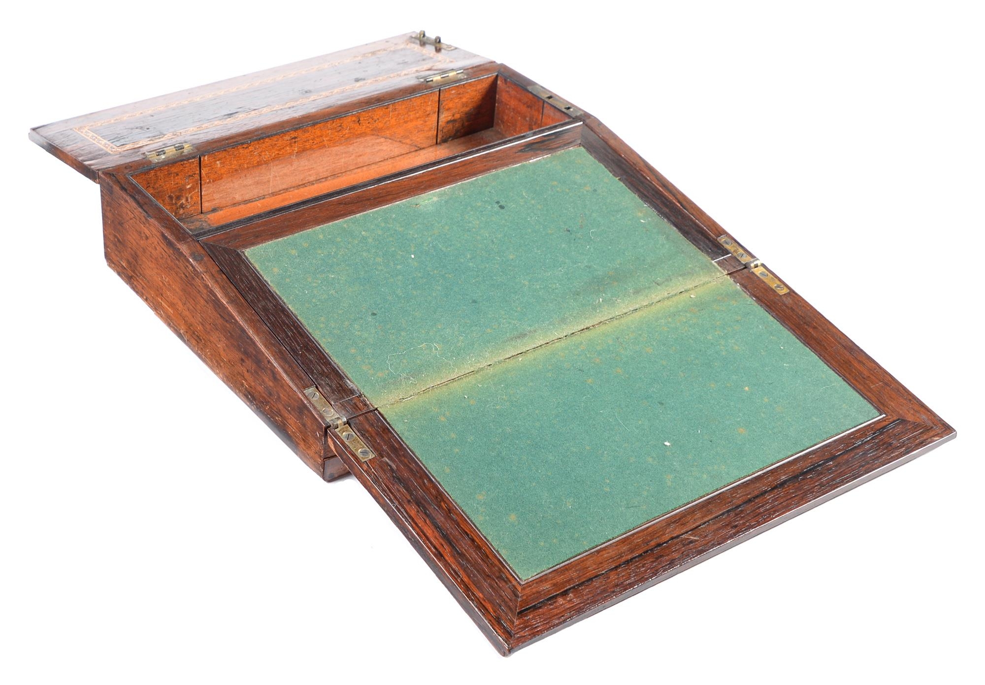 A Victorian Tunbridge ware slope front writing box, decorated with a view of Eridge Castle in - Image 2 of 14