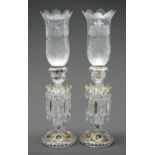A pair of Baccarat moulded and gilt glass lustre candlesticks and etched glass shades, 20th c,