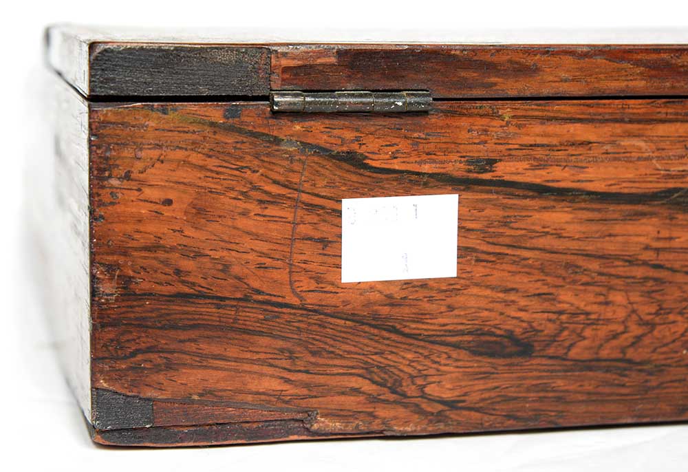 A Victorian Tunbridge ware slope front writing box, decorated with a view of Eridge Castle in - Image 7 of 14