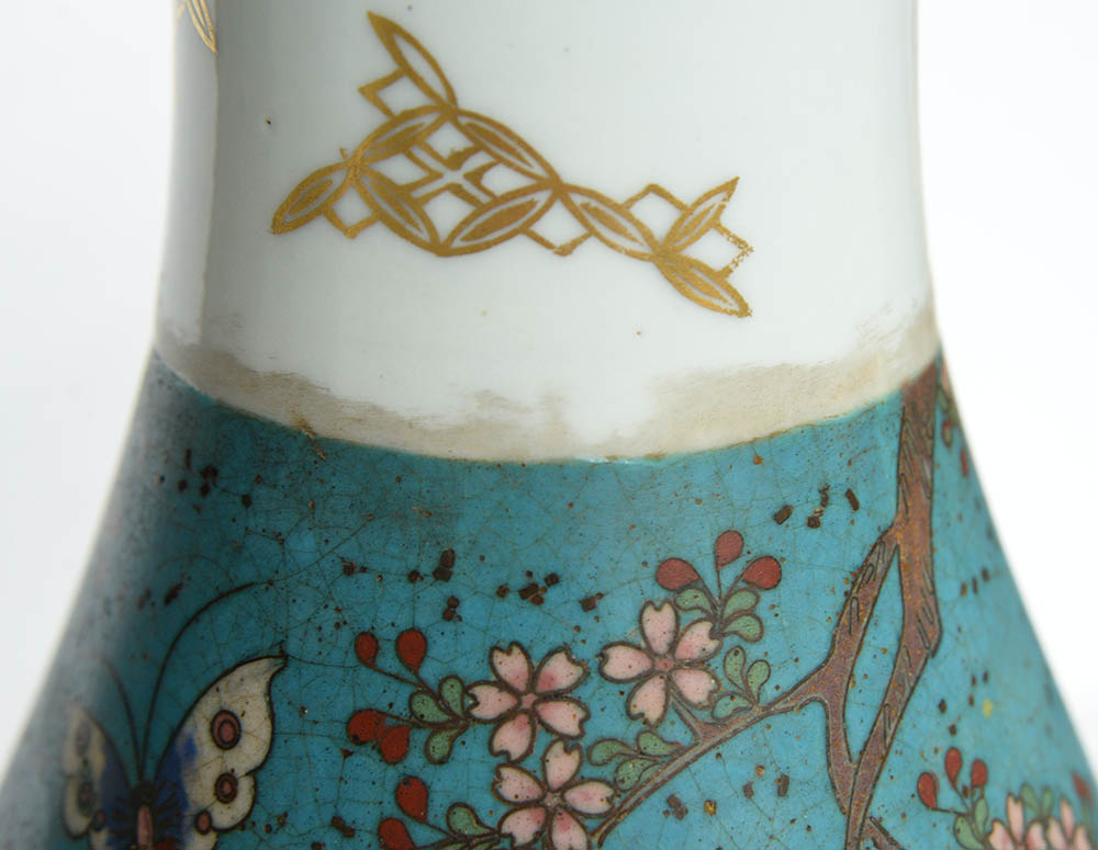 A Japanese cloisonne decorated porcelain blue and white vase, Meiji period, baluster shape, 45.5cm - Image 12 of 13