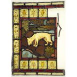 A Victorian stained glass window light of a dog gazing at it's reflection in water, 52 x 37cm,