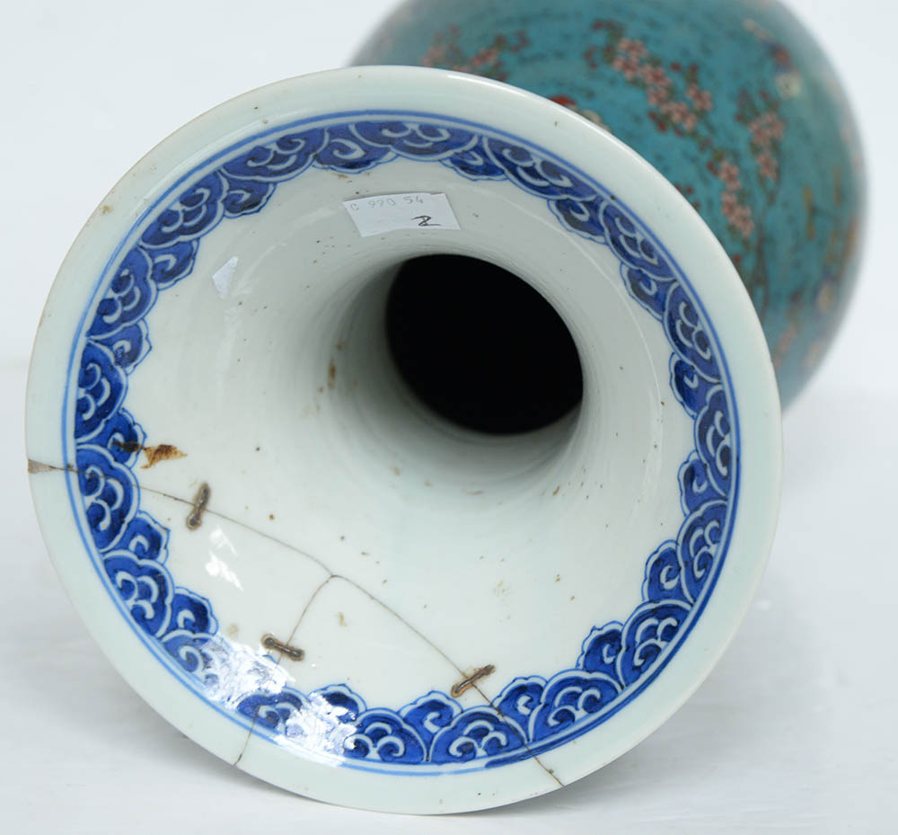 A Japanese cloisonne decorated porcelain blue and white vase, Meiji period, baluster shape, 45.5cm - Image 6 of 13