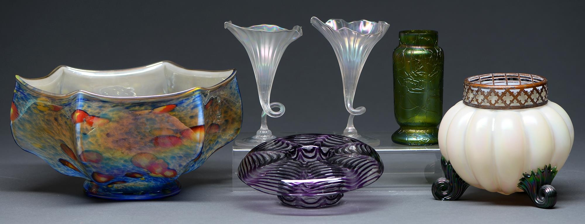 An amethyst flashed and wavy cut glass turnover vase, early 20th c, 17.5cm diam, a pair of