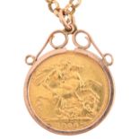 Gold coin. Sovereign 1908, set in a gold mount on gold necklet, both marked 9ct, 22.3g Condition